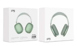 The image shows a pair of green Bluetooth gaming over-ear earphones in its packaging. 