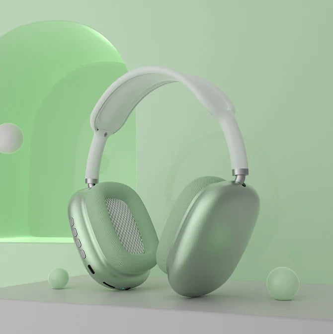 The image shows a pair of green Bluetooth gaming over-ear earphones.
